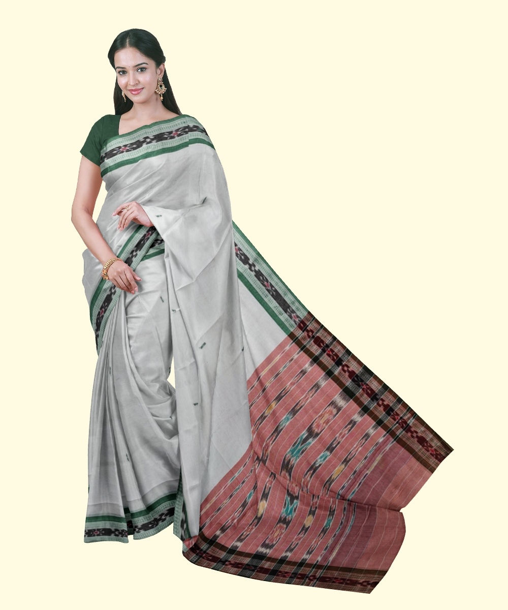 White Green Sambalpuri Handwoven Single Ikat Cotton Saree Image 1