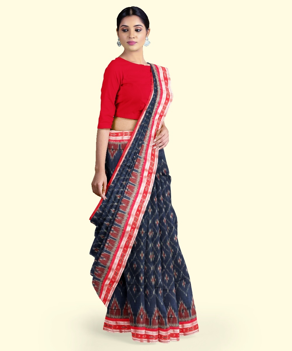 Blue Red Sambalpuri Handwoven Single Ikat Cotton Saree Image 2