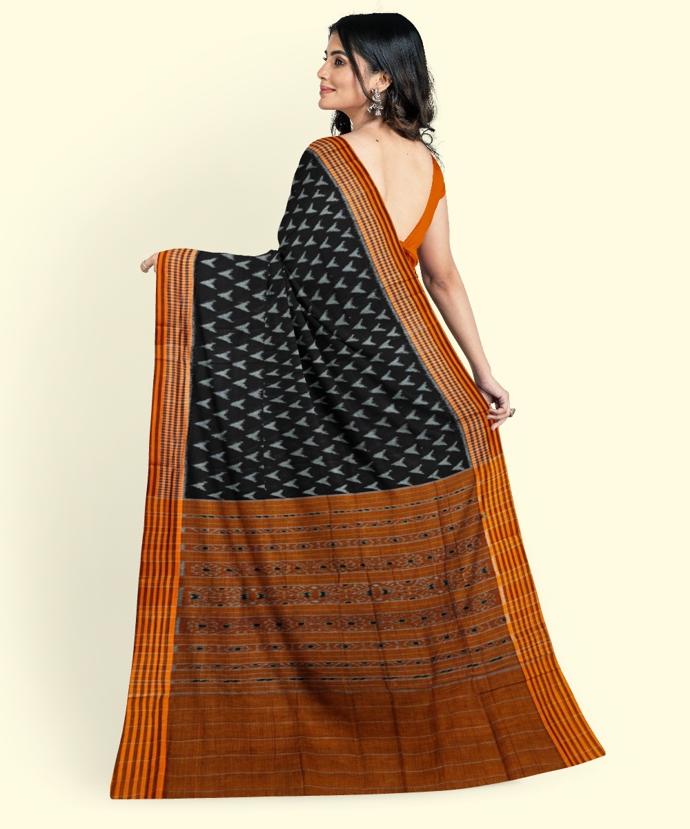 Black Orange Sambalpuri Handwoven Single Ikat Cotton Saree Image 4