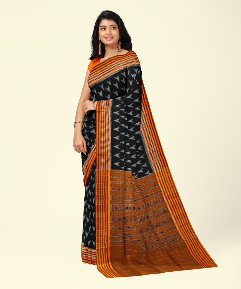 Black Orange Sambalpuri Handwoven Single Ikat Cotton Saree Image 2