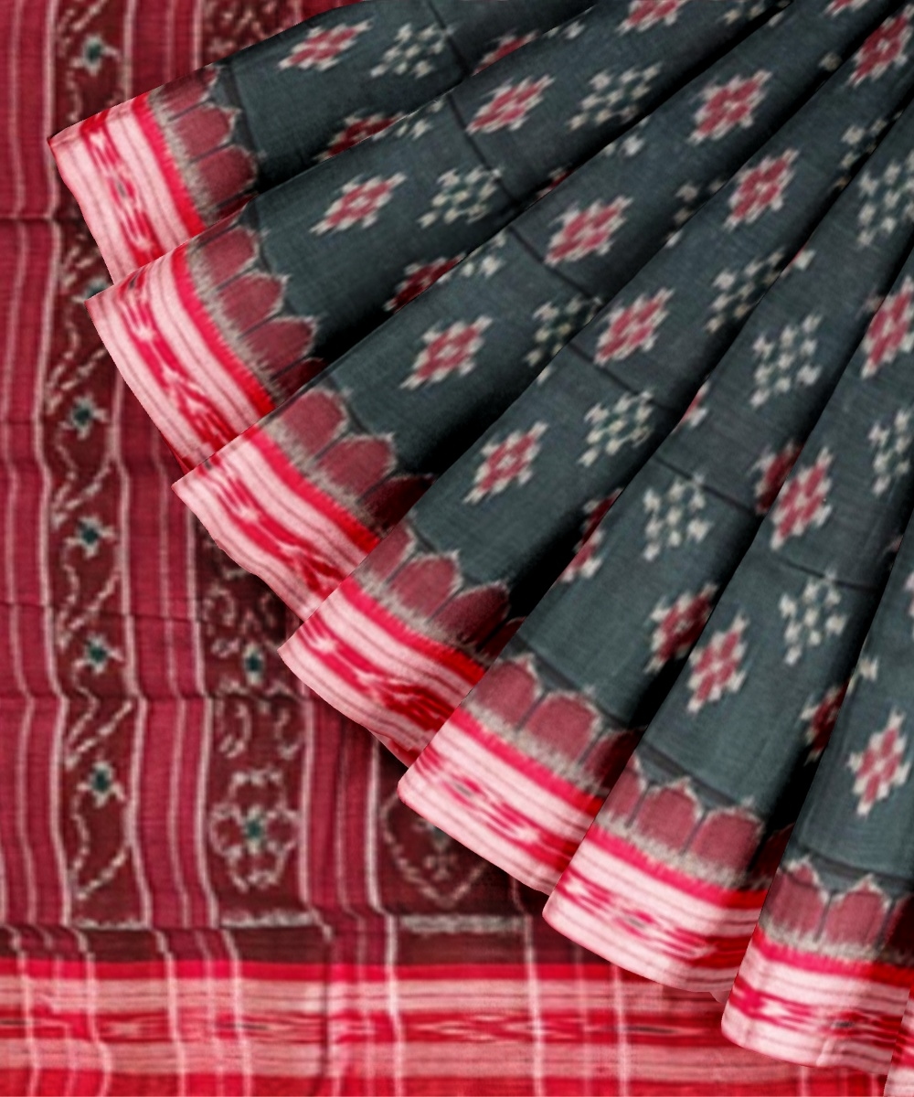Green Red Sambalpuri Handwoven Single Ikat Cotton Saree Image 3
