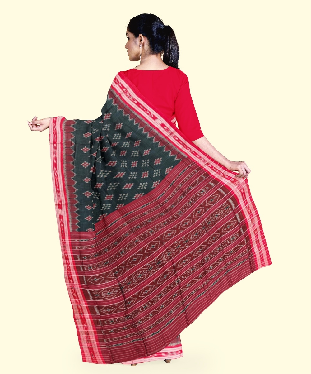 Green Red Sambalpuri Handwoven Single Ikat Cotton Saree Image 4