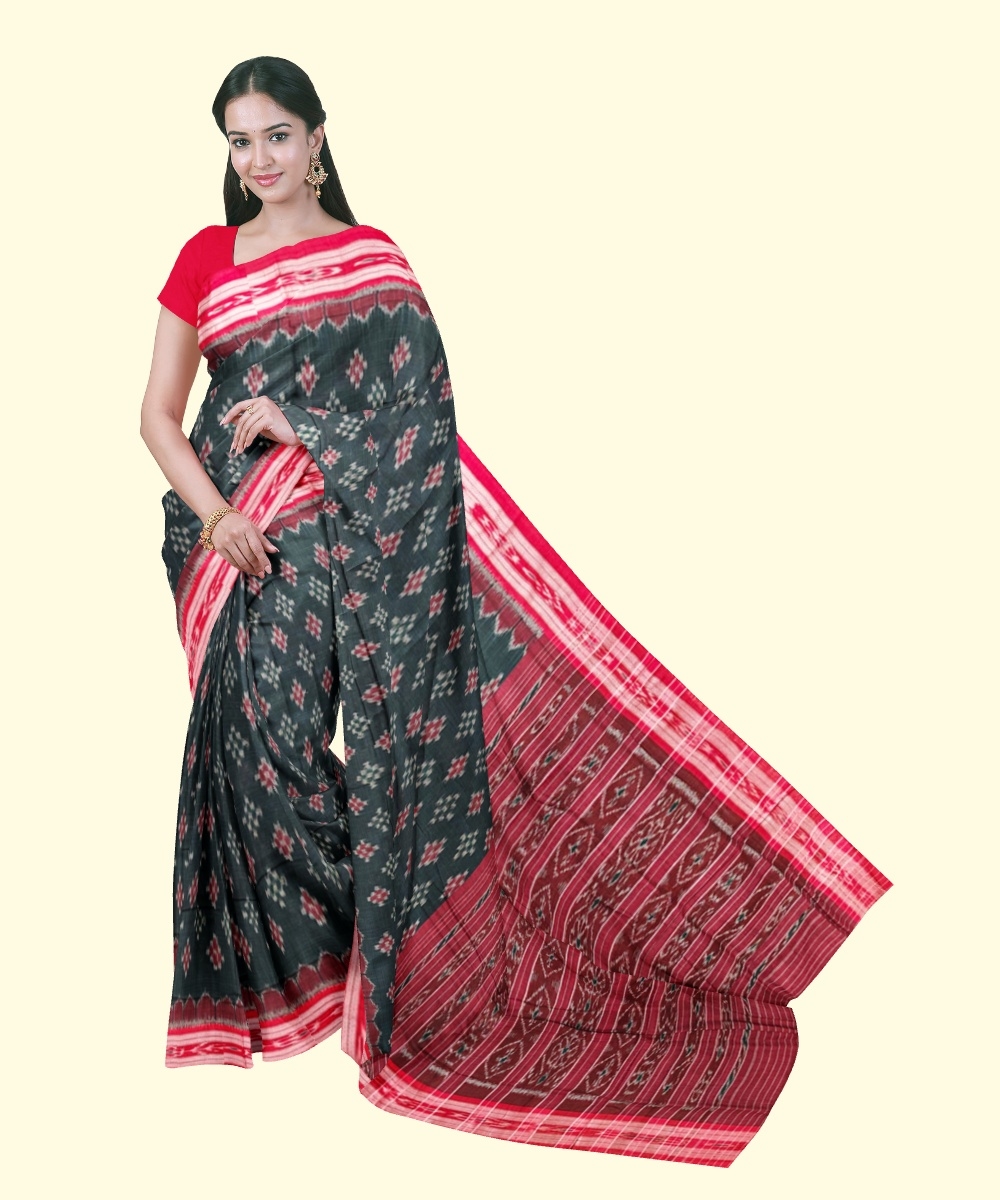 Green Red Sambalpuri Handwoven Single Ikat Cotton Saree Image 1