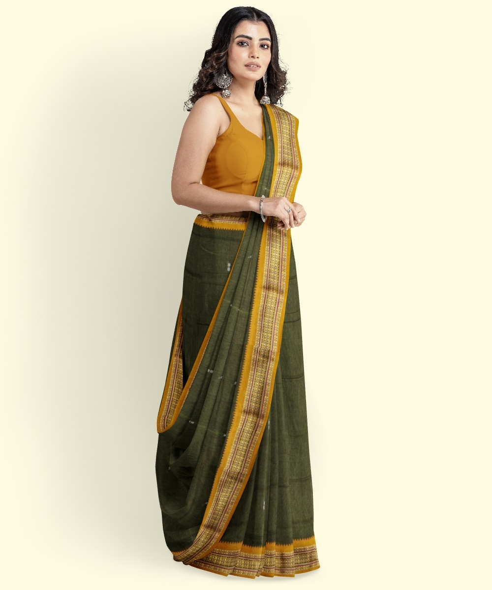 Olive Sambalpuri Handwoven Single Ikat Cotton Saree Image 3
