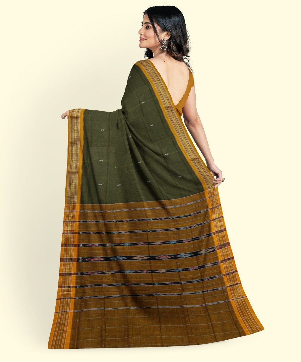 Olive Sambalpuri Handwoven Single Ikat Cotton Saree Image 4