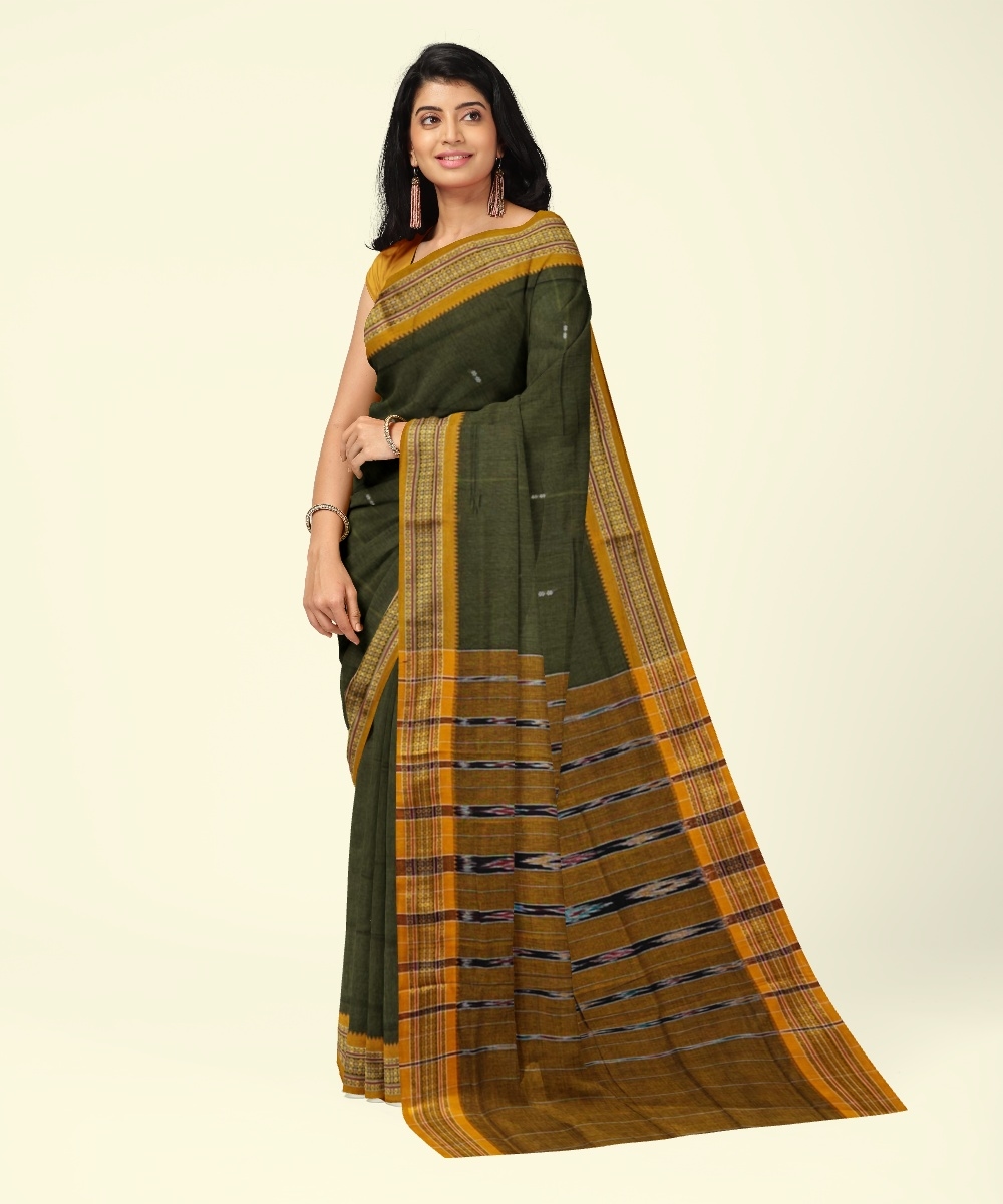Olive Sambalpuri Handwoven Single Ikat Cotton Saree Image 1