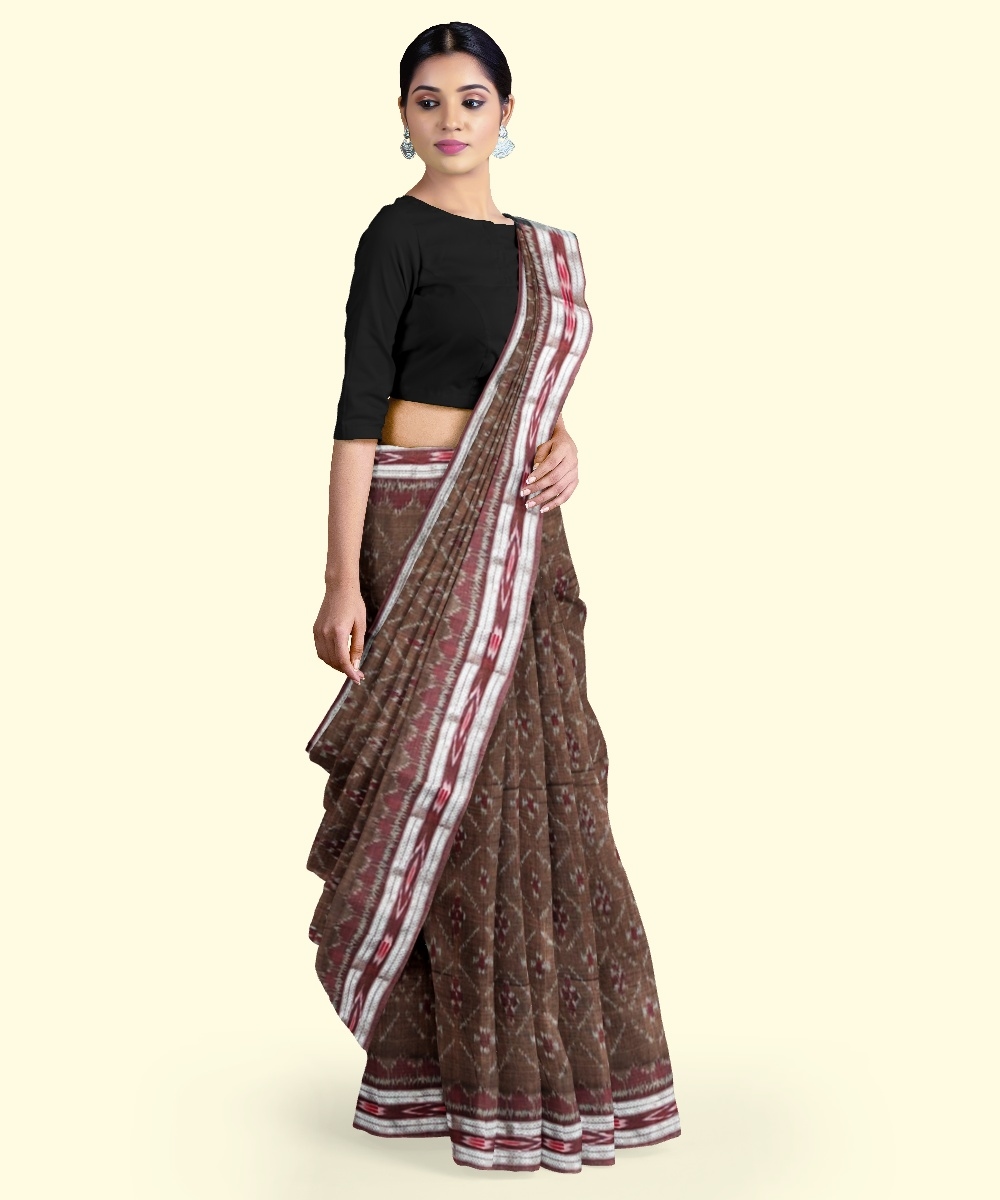 Brown Black Sambalpuri Handwoven Single Ikat Cotton Saree Image 2