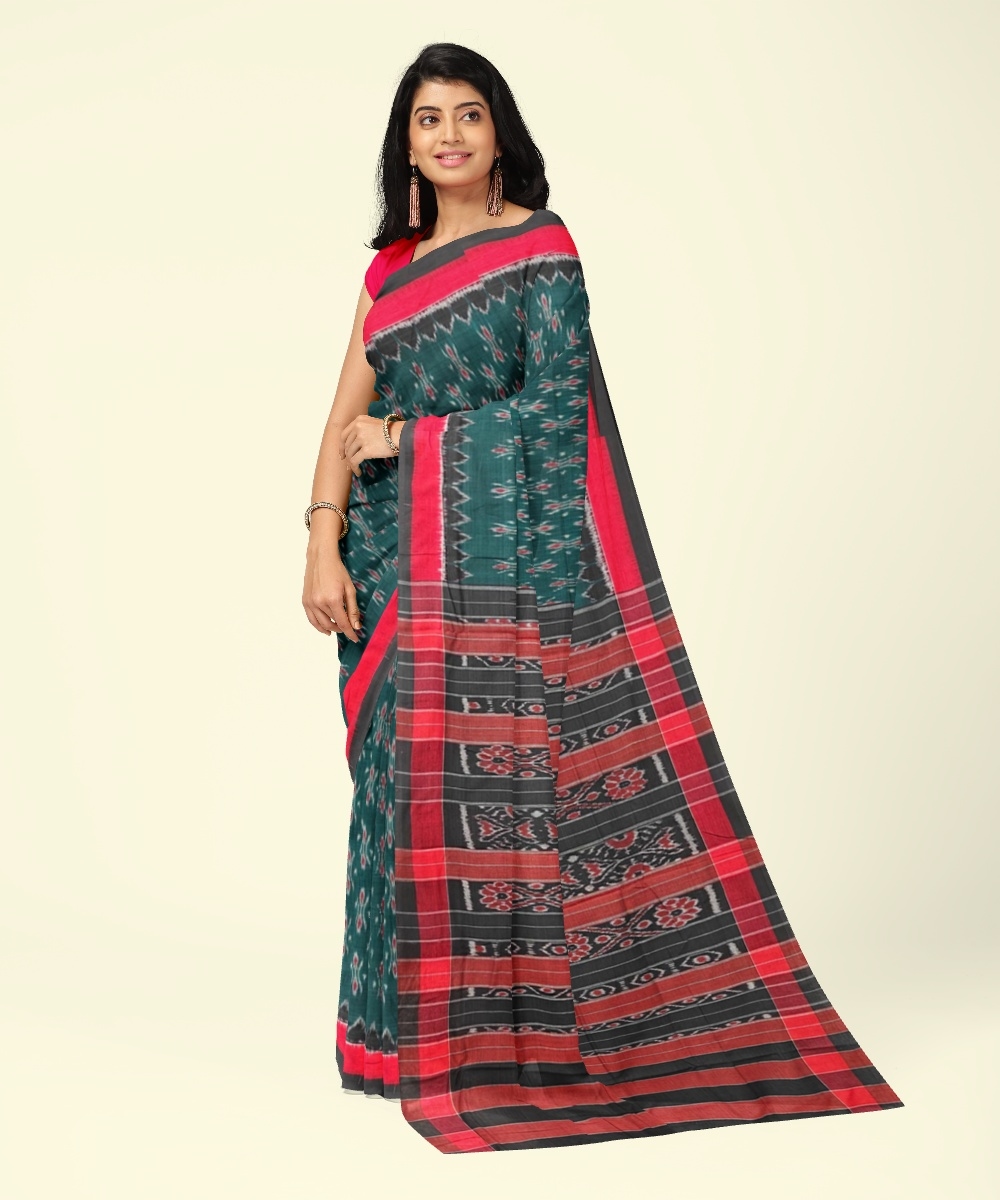 Green Red Sambalpuri Handwoven Single Ikat Cotton Saree Image 2