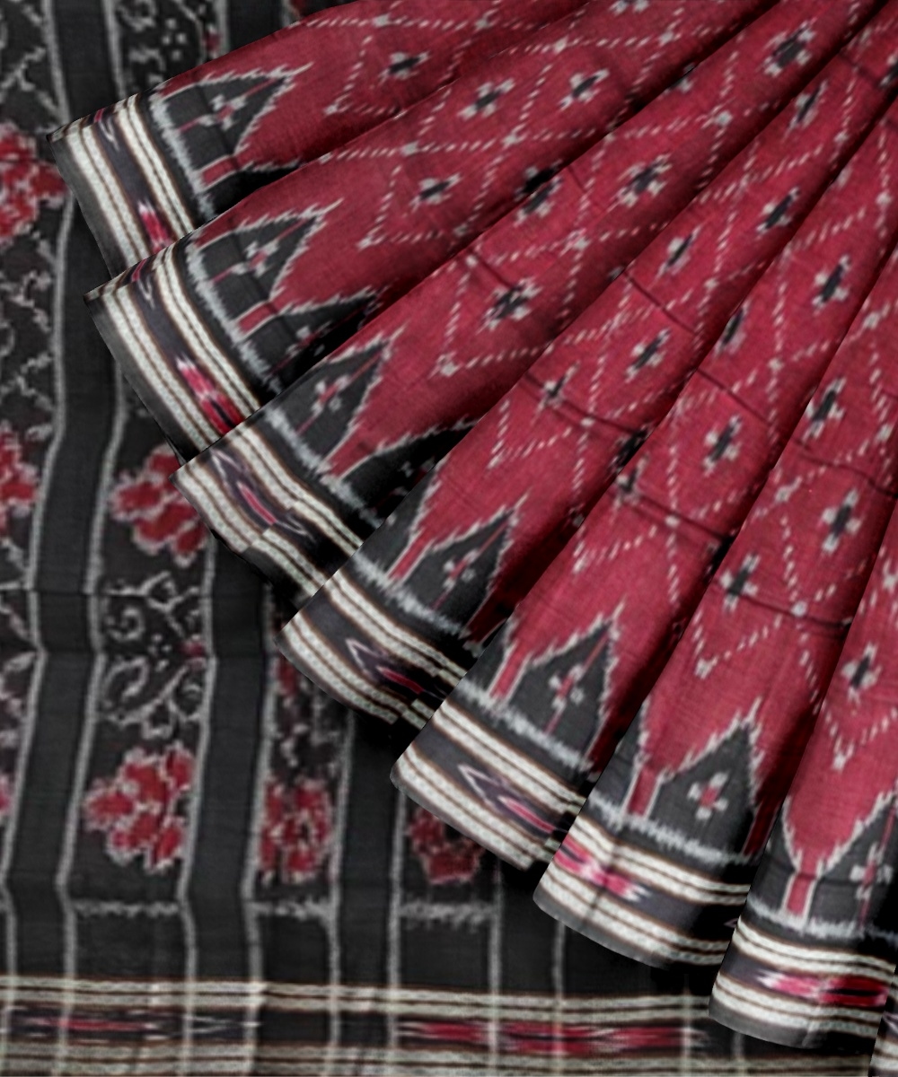 Maroon Black Sambalpuri Handwoven Single Ikat Cotton Saree Image 3
