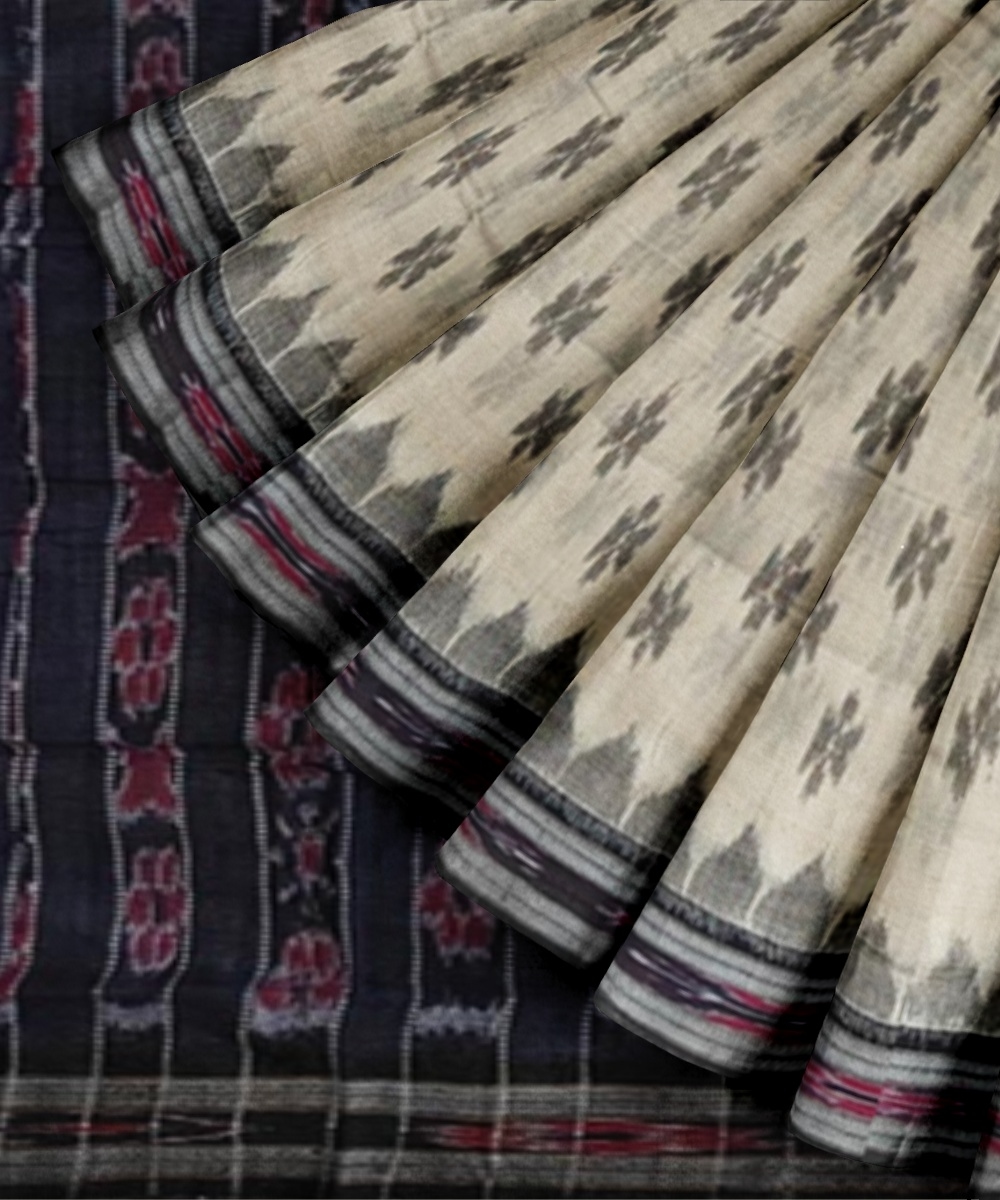 Offwhite Black Sambalpuri Handwoven Single Ikat Cotton Saree Image 3