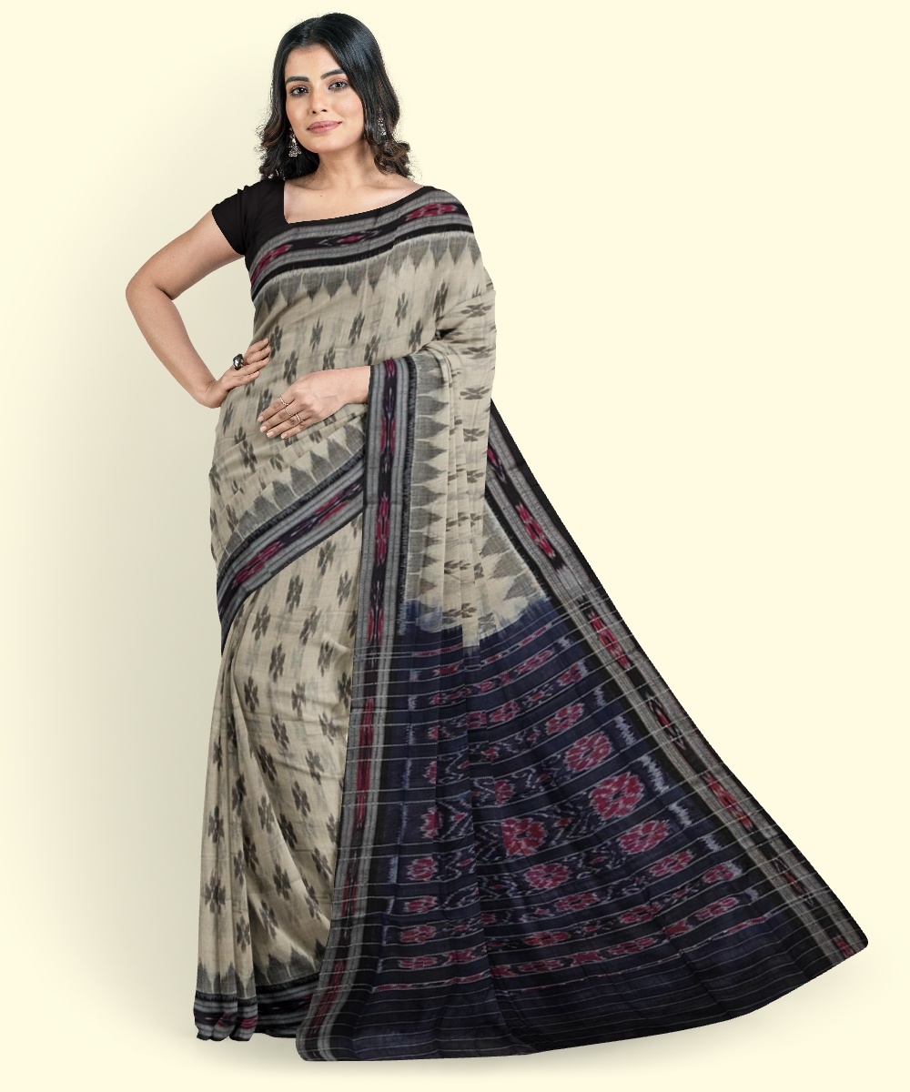 Offwhite Black Sambalpuri Handwoven Single Ikat Cotton Saree Image 1