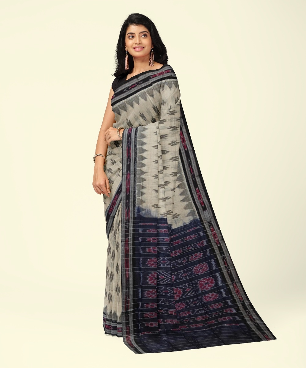 Offwhite Black Sambalpuri Handwoven Single Ikat Cotton Saree Image 2