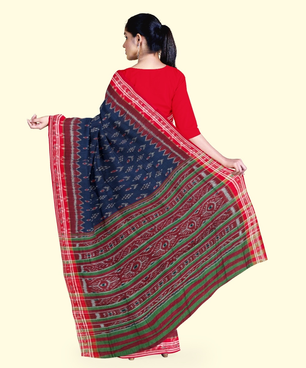 Blue Red Sambalpuri Handwoven Single Ikat Cotton Saree Image 3