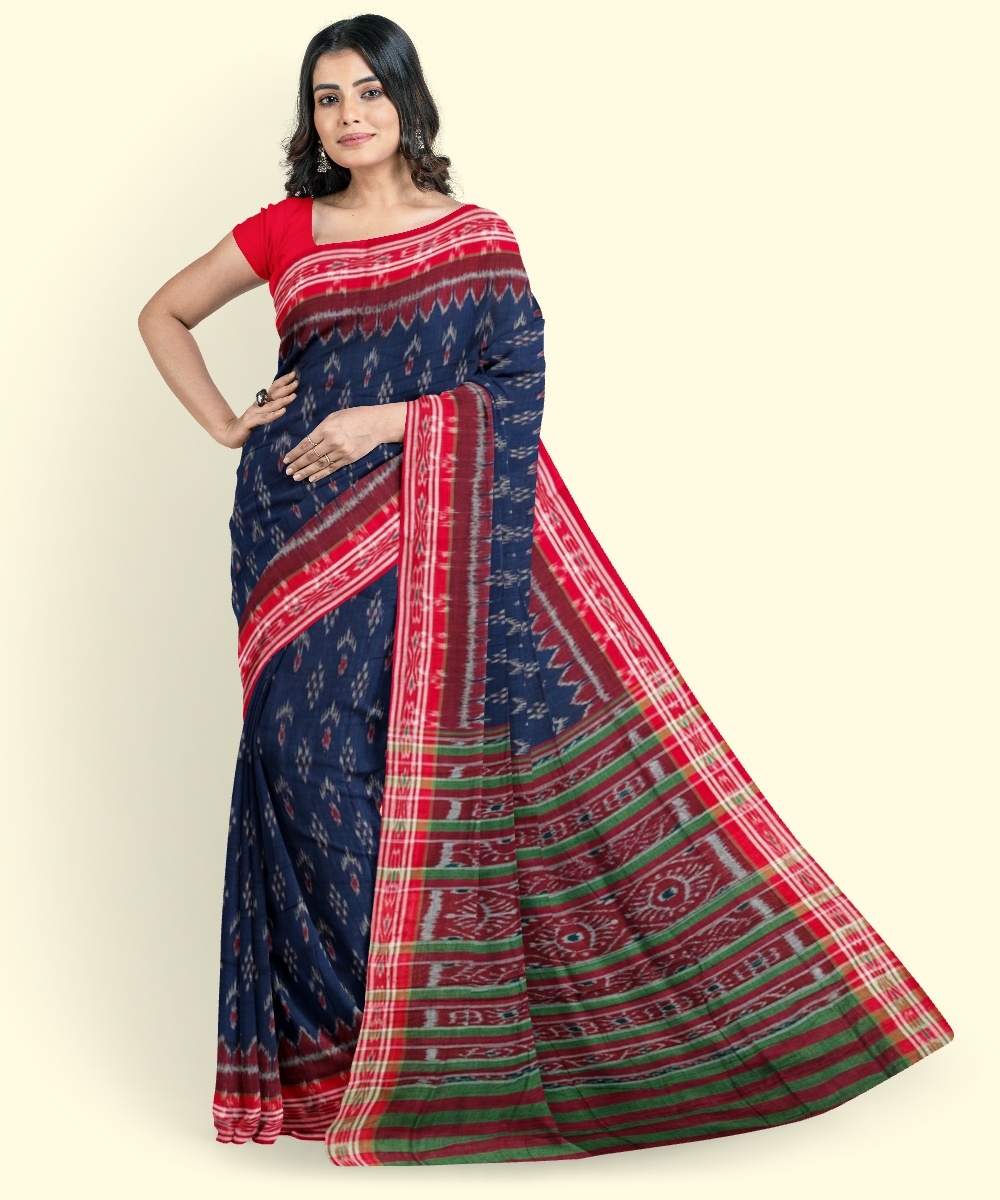 Blue Red Sambalpuri Handwoven Single Ikat Cotton Saree Image 4
