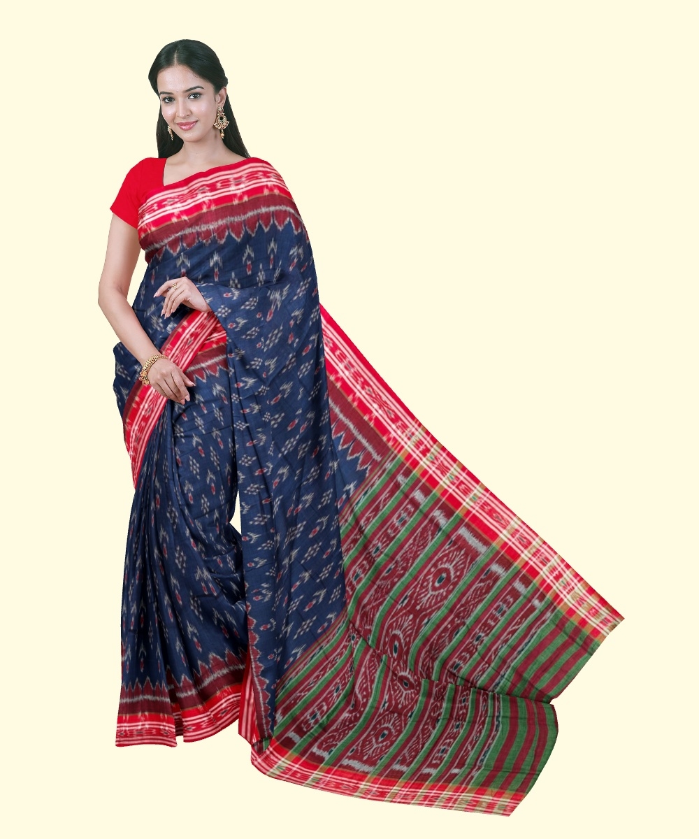 Blue Red Sambalpuri Handwoven Single Ikat Cotton Saree Image 1