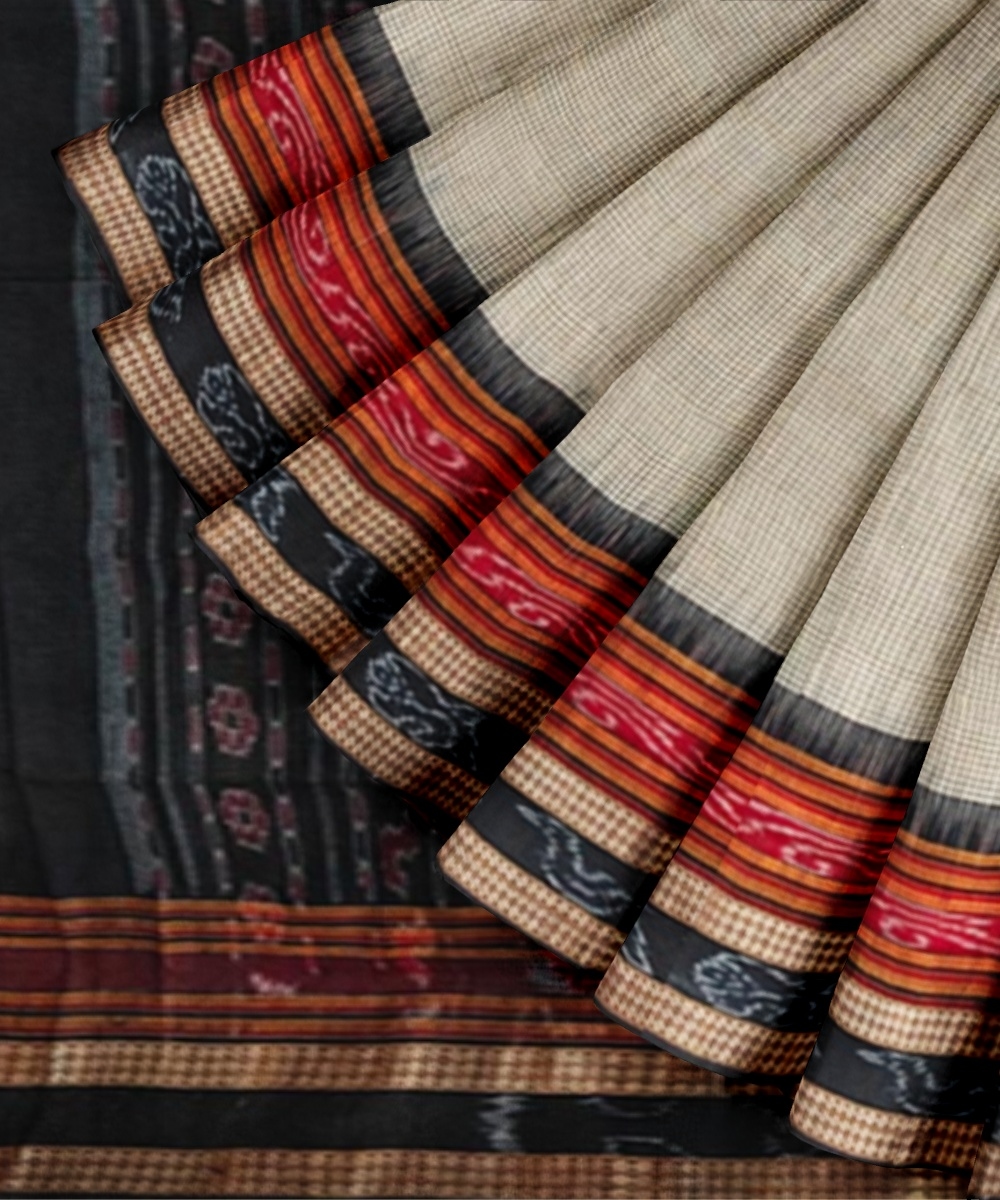 Beige Black Sambalpuri Handwoven Single Ikat Cotton Saree Image 3