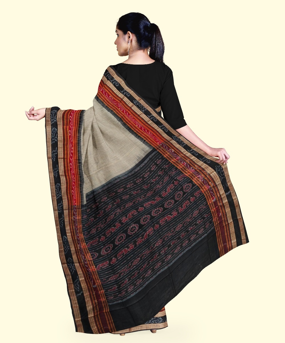 Beige Black Sambalpuri Handwoven Single Ikat Cotton Saree Image 4