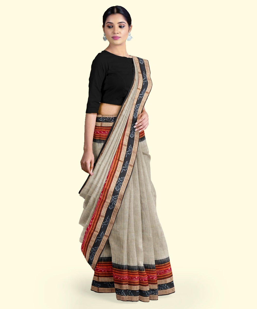 Beige Black Sambalpuri Handwoven Single Ikat Cotton Saree Image 2