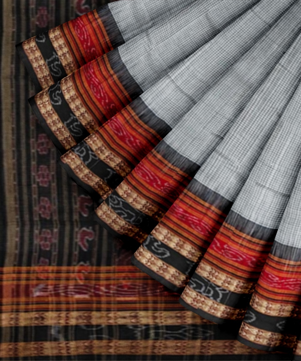 White Black Sambalpuri Handwoven Single Ikat Cotton Saree Image 2