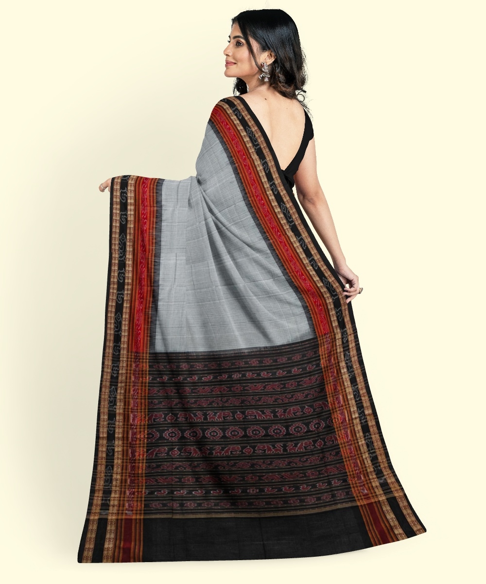 White Black Sambalpuri Handwoven Single Ikat Cotton Saree Image 3
