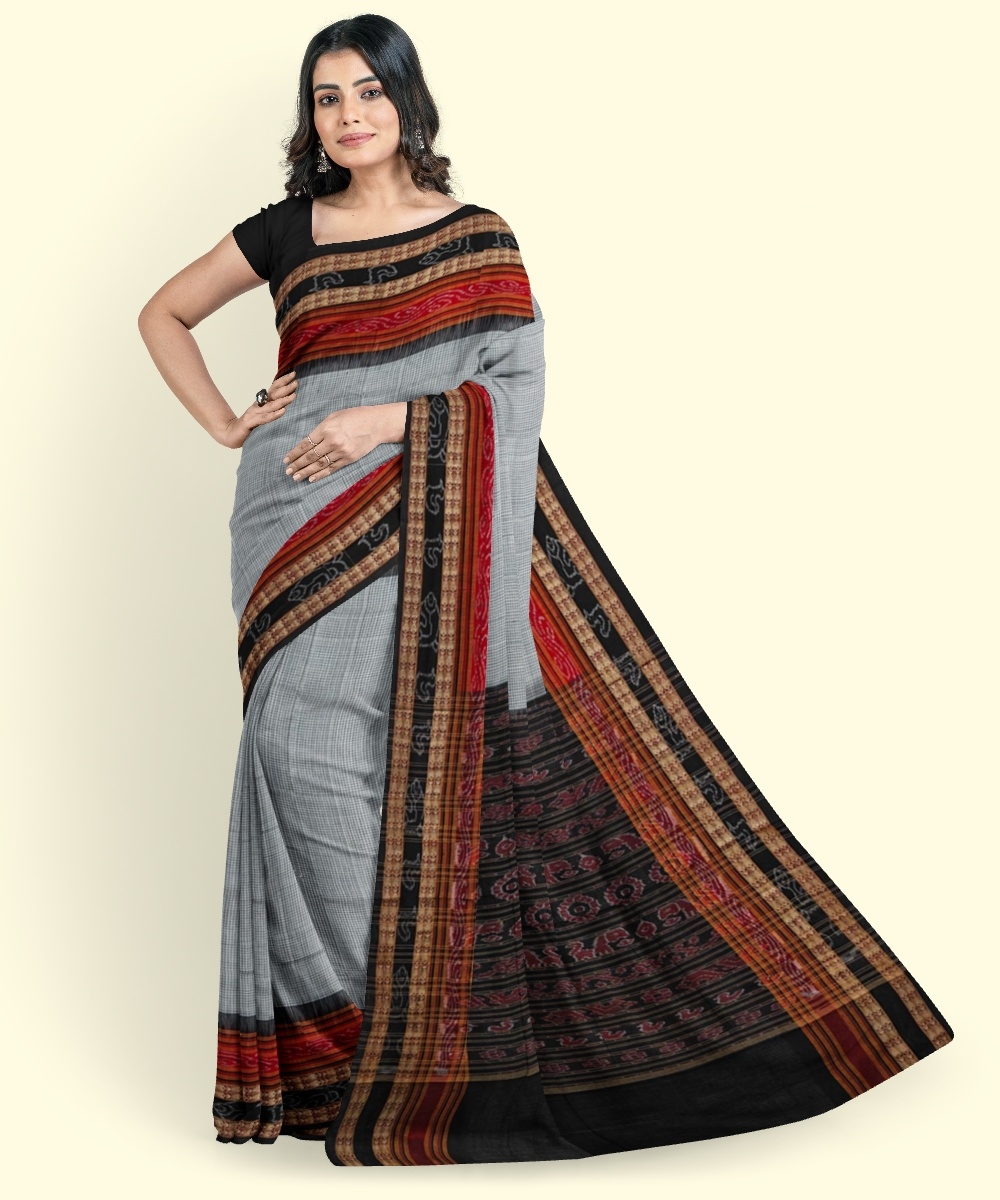 White Black Sambalpuri Handwoven Single Ikat Cotton Saree Image 4