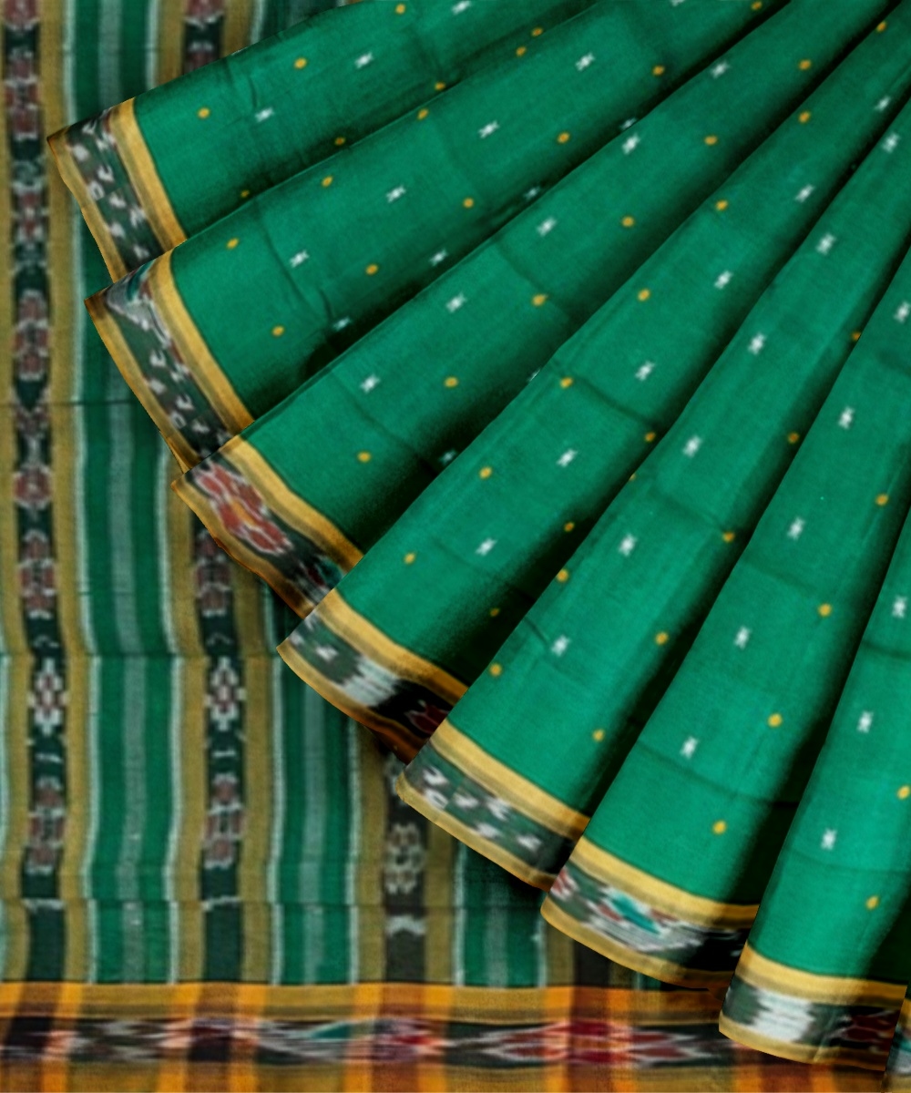Green Sambalpuri Handwoven Single Ikat Cotton Saree Image 2