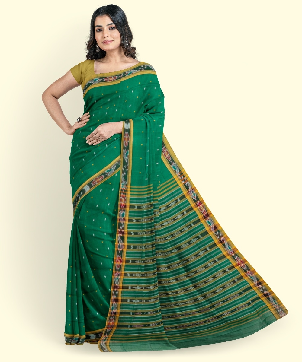 Green Sambalpuri Handwoven Single Ikat Cotton Saree Image 4