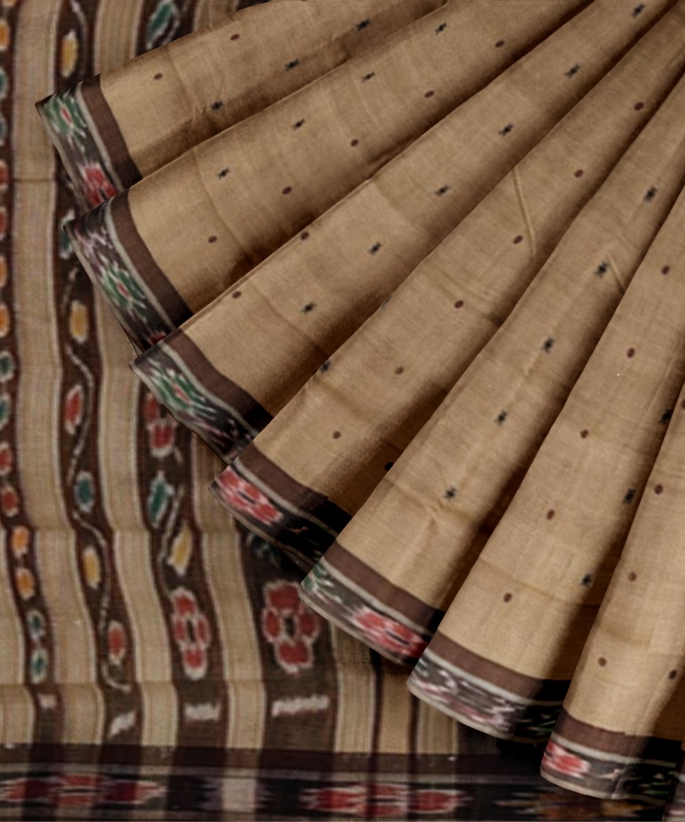 Beige Black Sambalpuri Handwoven Single Ikat Cotton Saree Image 2
