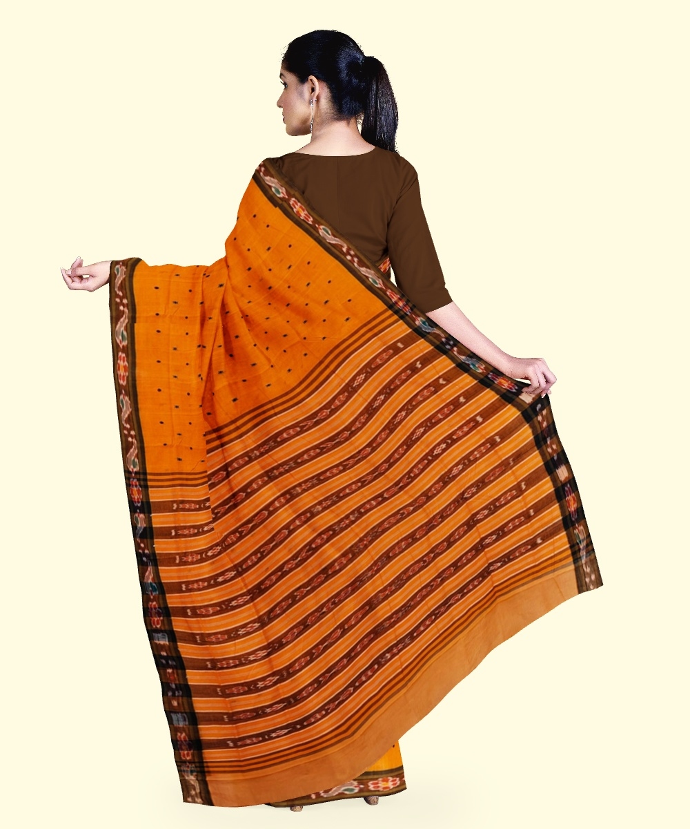 Orange Black Sambalpuri Handwoven Single Ikat Cotton Saree Image 3