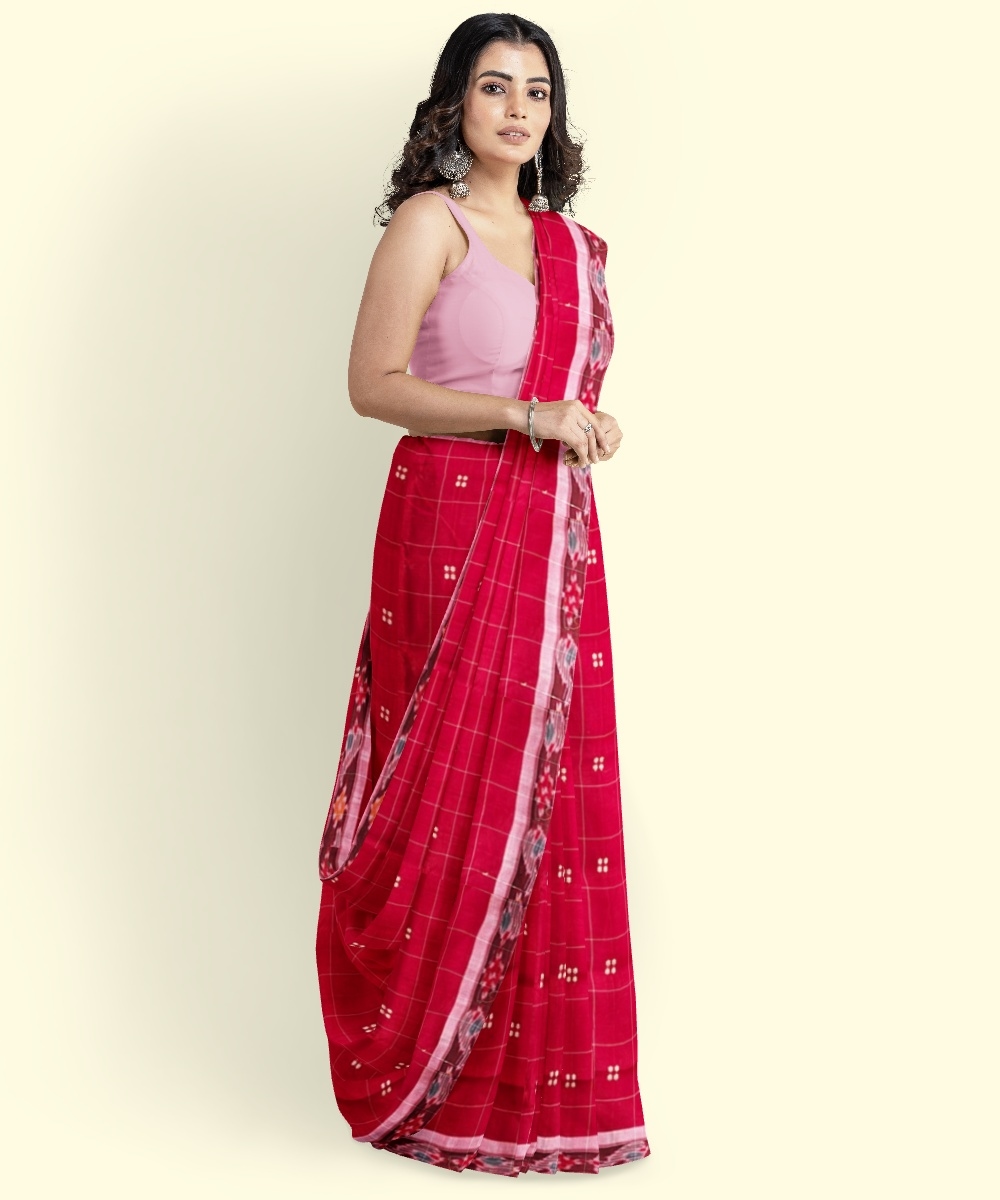 Red Pink Sambalpuri Handwoven Single Ikat Cotton Saree Image 4