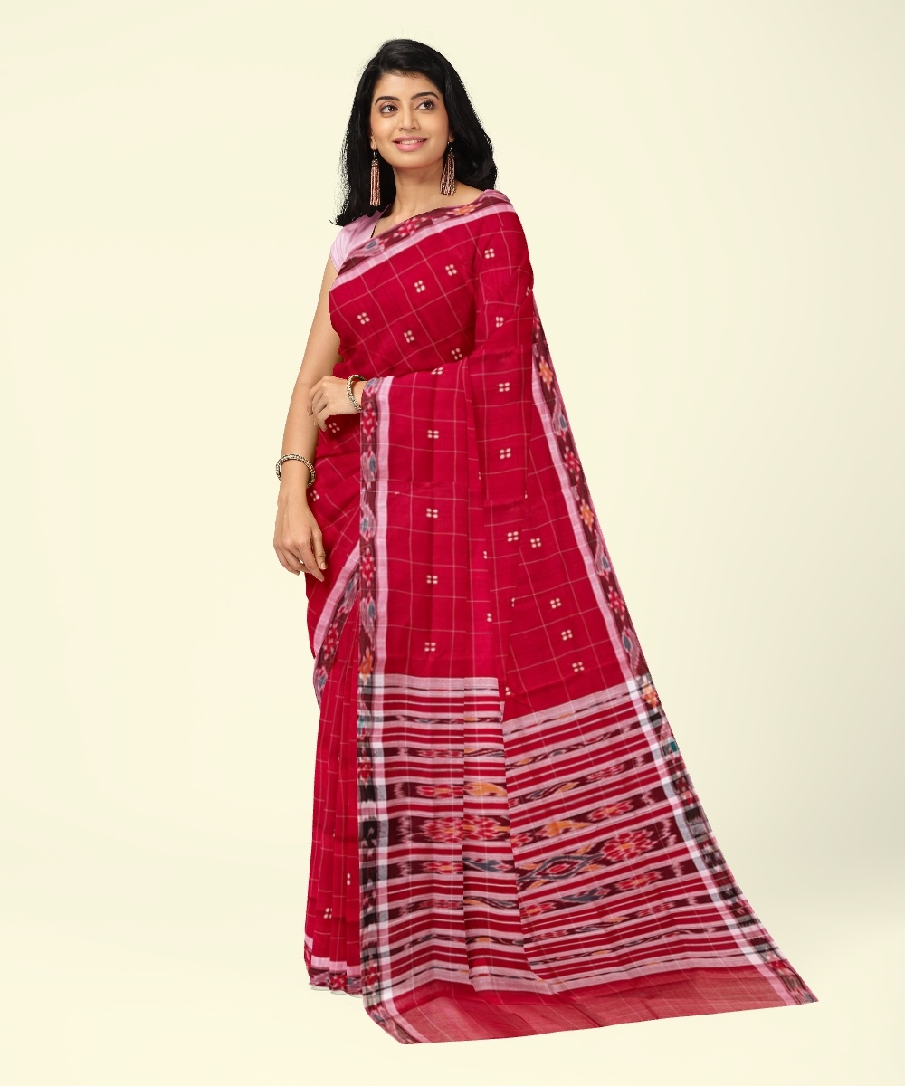 Red Pink Sambalpuri Handwoven Single Ikat Cotton Saree Image 1