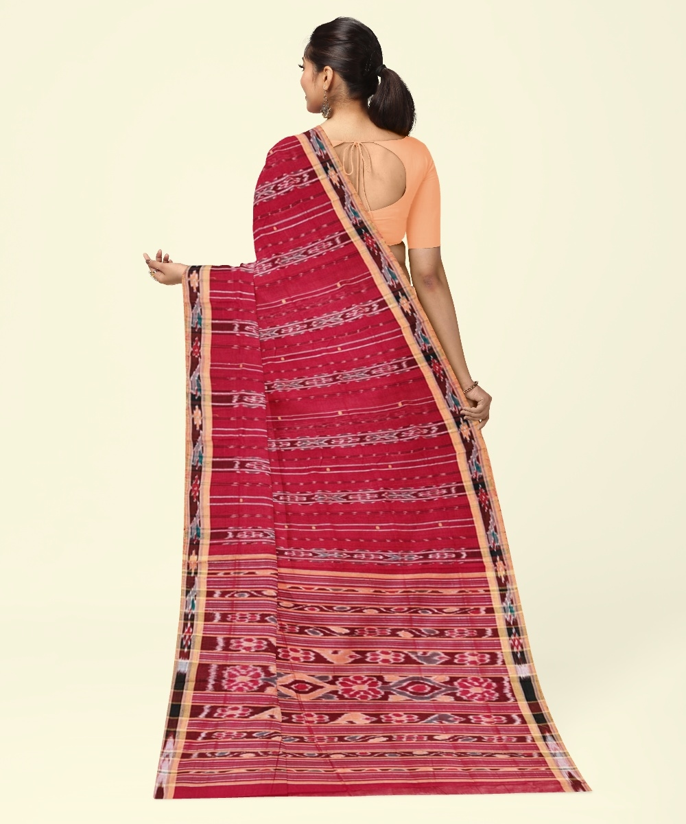 Red Yellow Sambalpuri Handwoven Single Ikat Cotton Saree Image 3