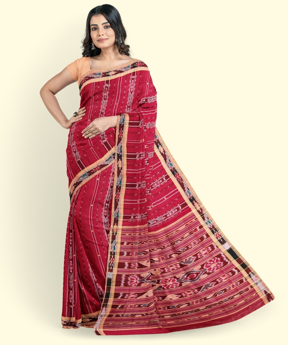 Red Yellow Sambalpuri Handwoven Single Ikat Cotton Saree Image 4