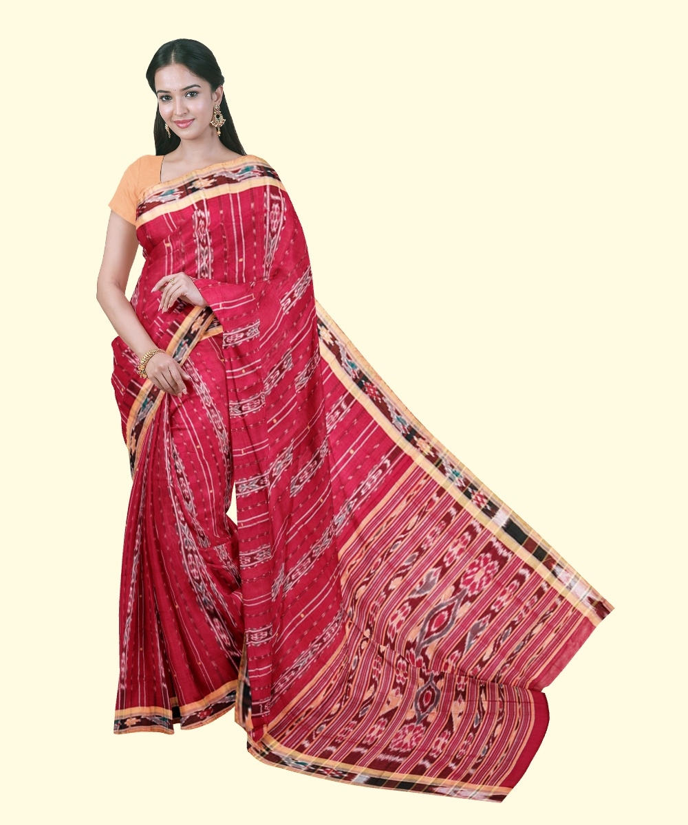 Red Yellow Sambalpuri Handwoven Single Ikat Cotton Saree Image 1