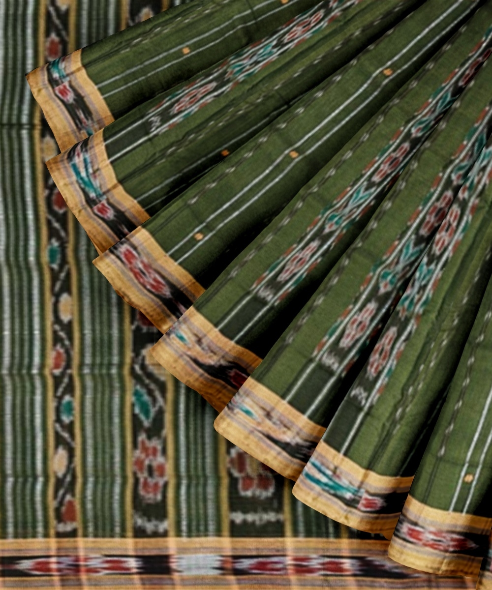 Olive Black Sambalpuri Handwoven Single Ikat Cotton Saree Image 2