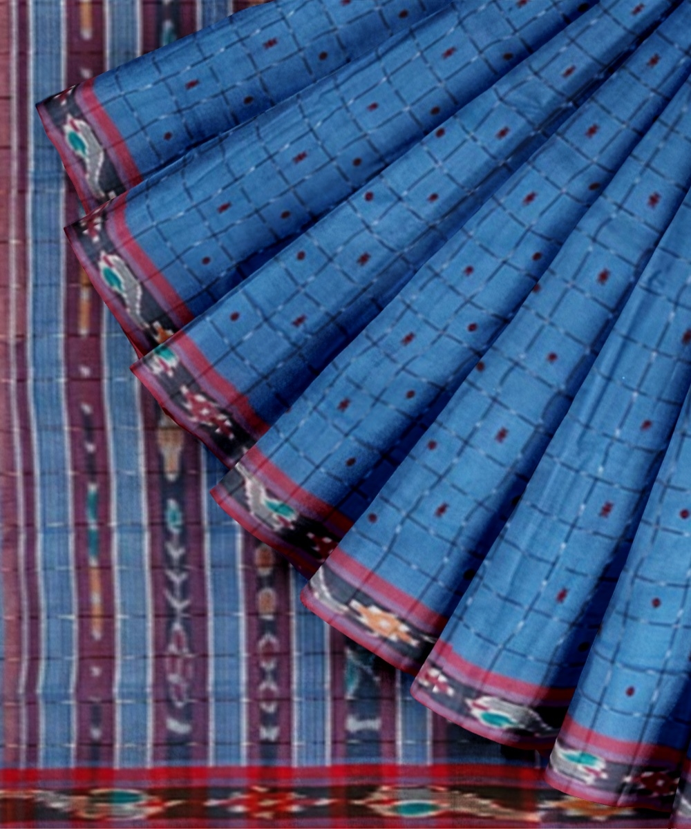 Blue Red Sambalpuri Handwoven Single Ikat Cotton Saree Image 3