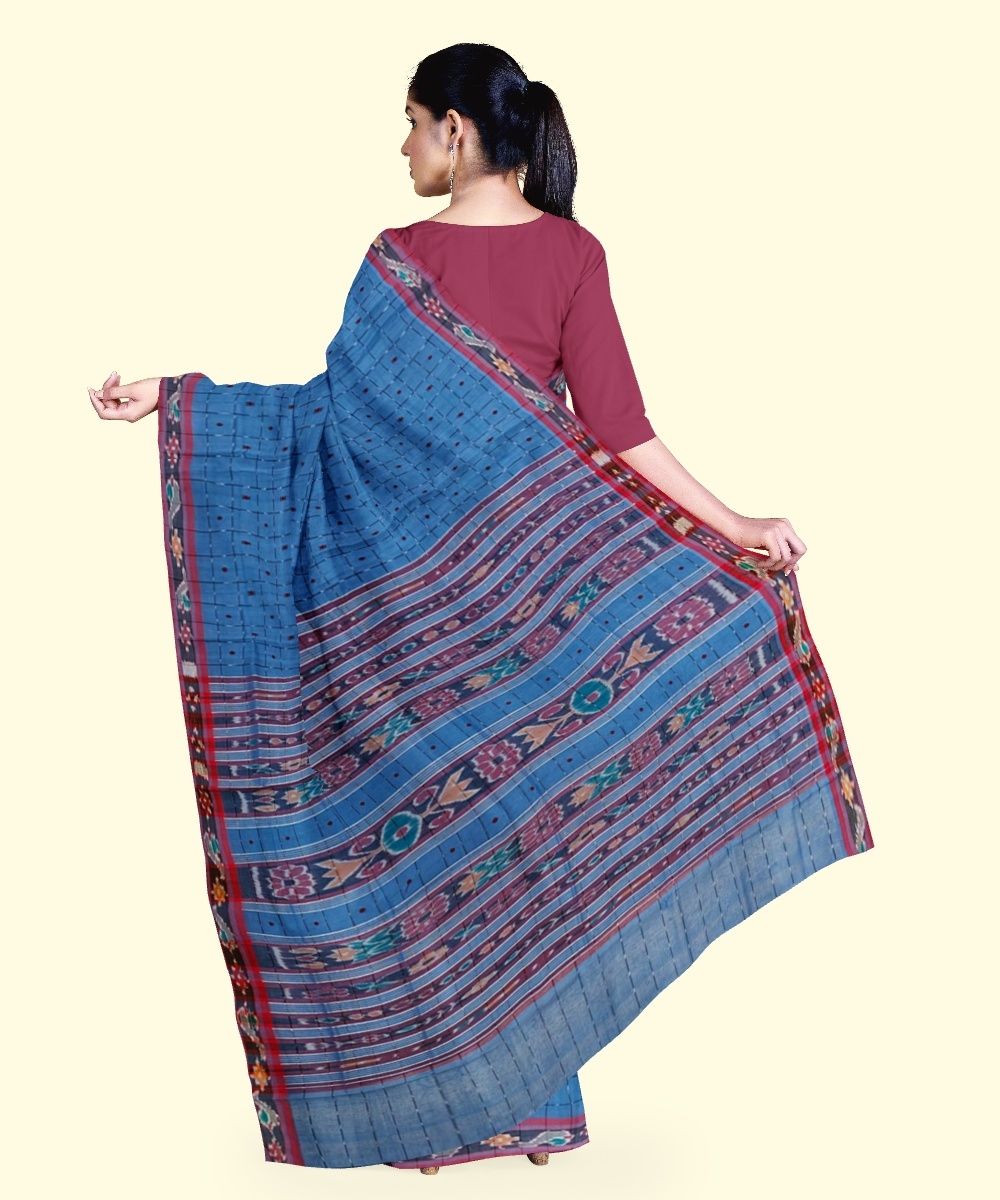 Blue Red Sambalpuri Handwoven Single Ikat Cotton Saree Image 4
