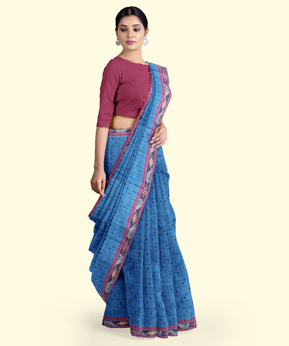 Blue Red Sambalpuri Handwoven Single Ikat Cotton Saree Image 2