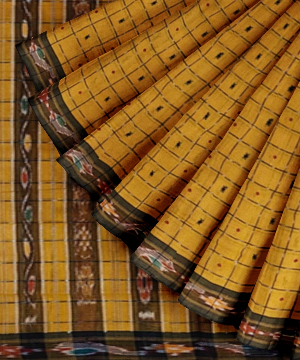 Yellow Black Sambalpuri Handwoven Single Ikat Cotton Saree Image 2