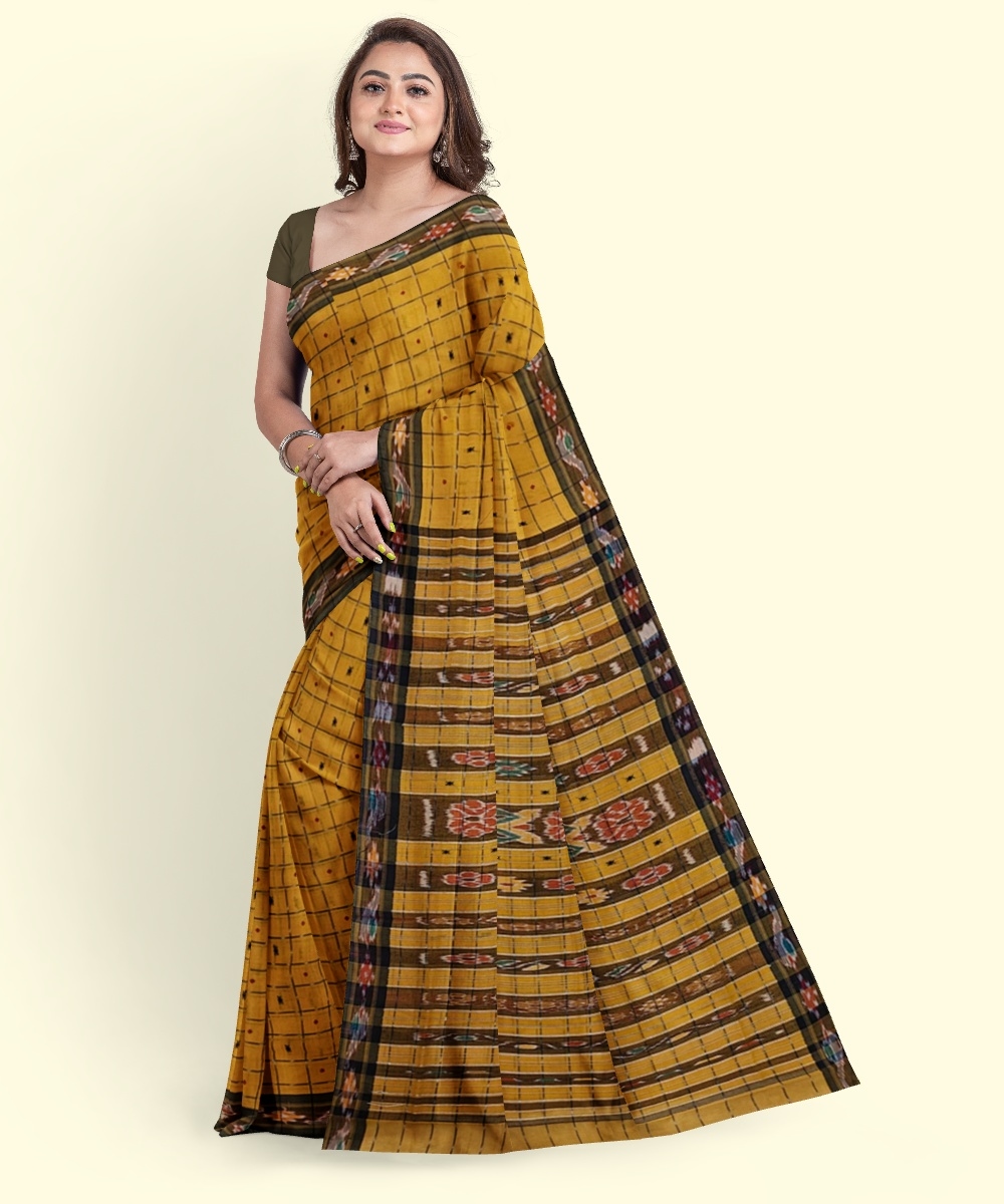 Yellow Black Sambalpuri Handwoven Single Ikat Cotton Saree Image 3
