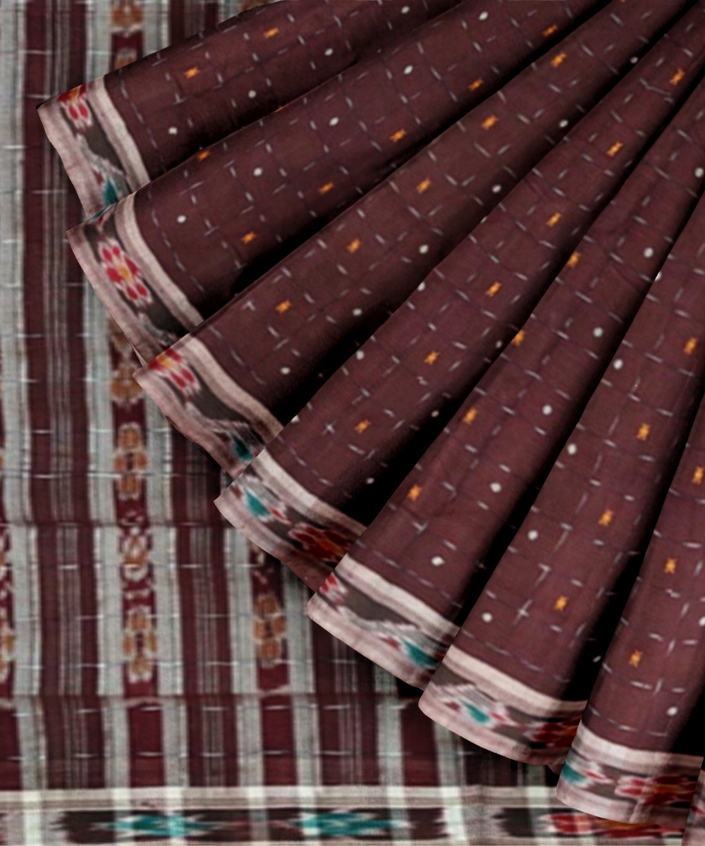 Coffee Sambalpuri Handwoven Single Ikat Cotton Saree Image 2