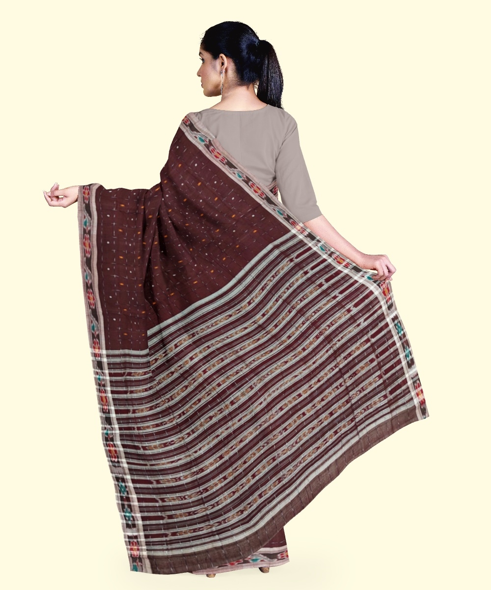 Coffee Sambalpuri Handwoven Single Ikat Cotton Saree Image 3