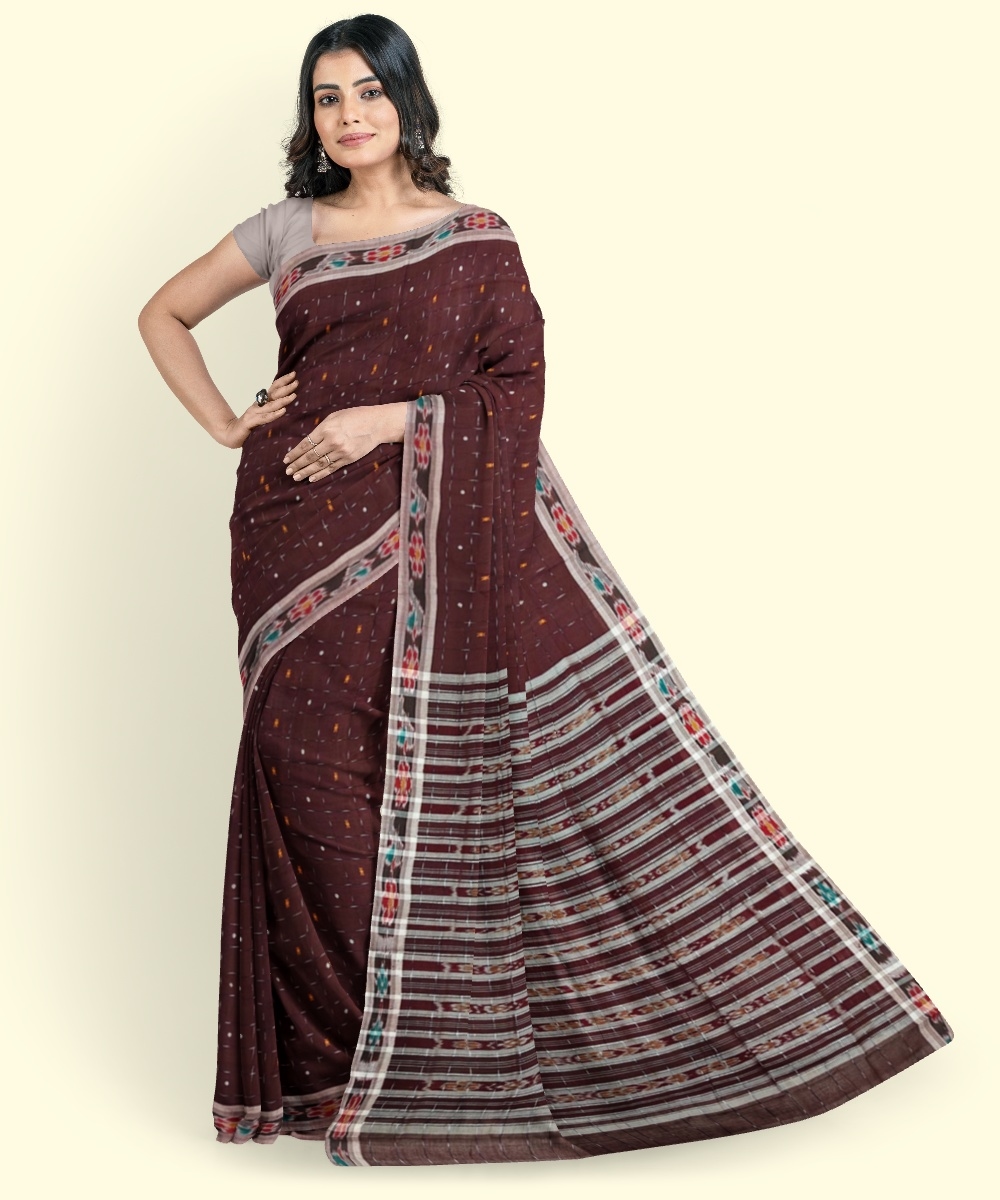Coffee Sambalpuri Handwoven Single Ikat Cotton Saree Image 4