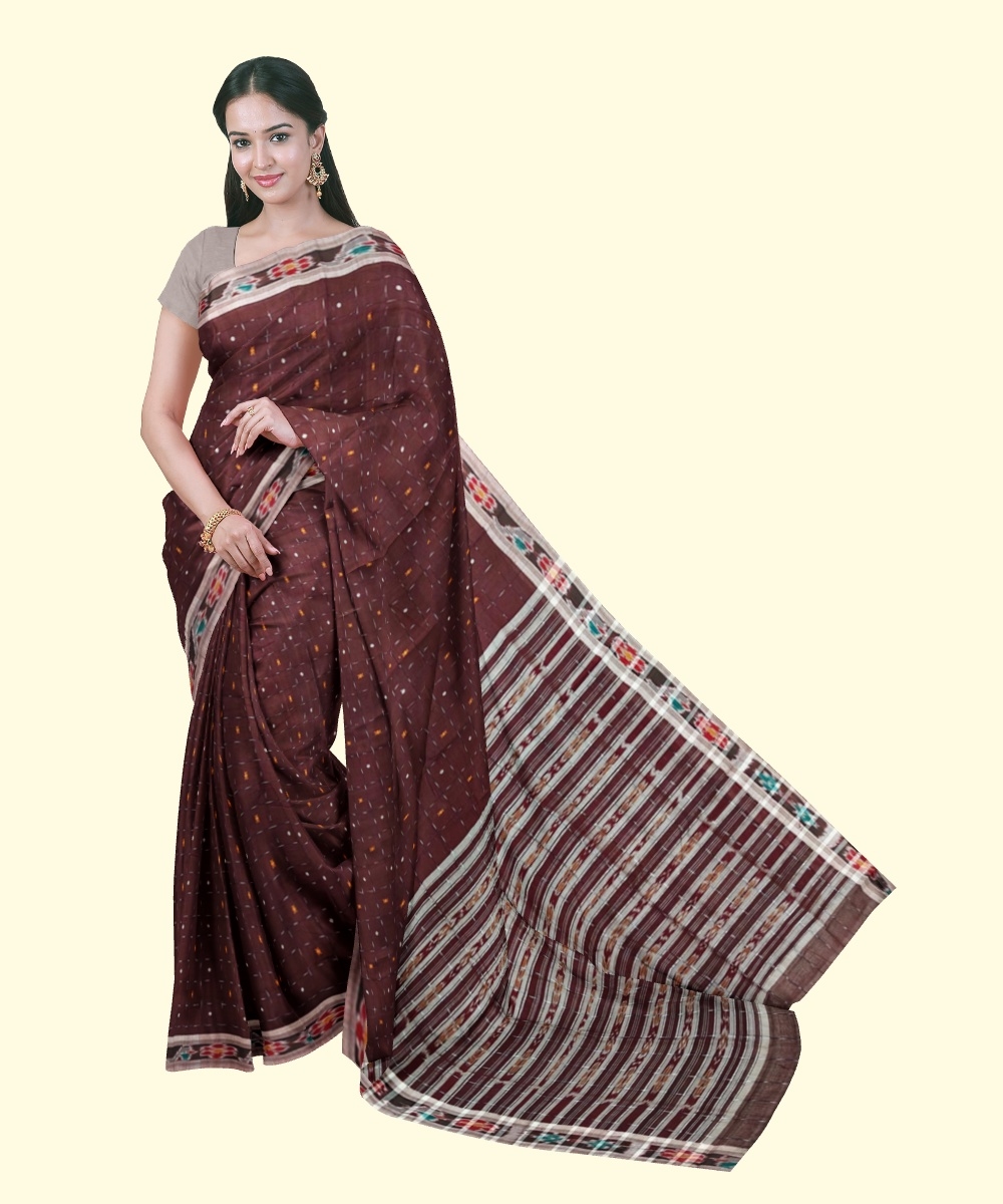 Coffee Sambalpuri Handwoven Single Ikat Cotton Saree Image 1