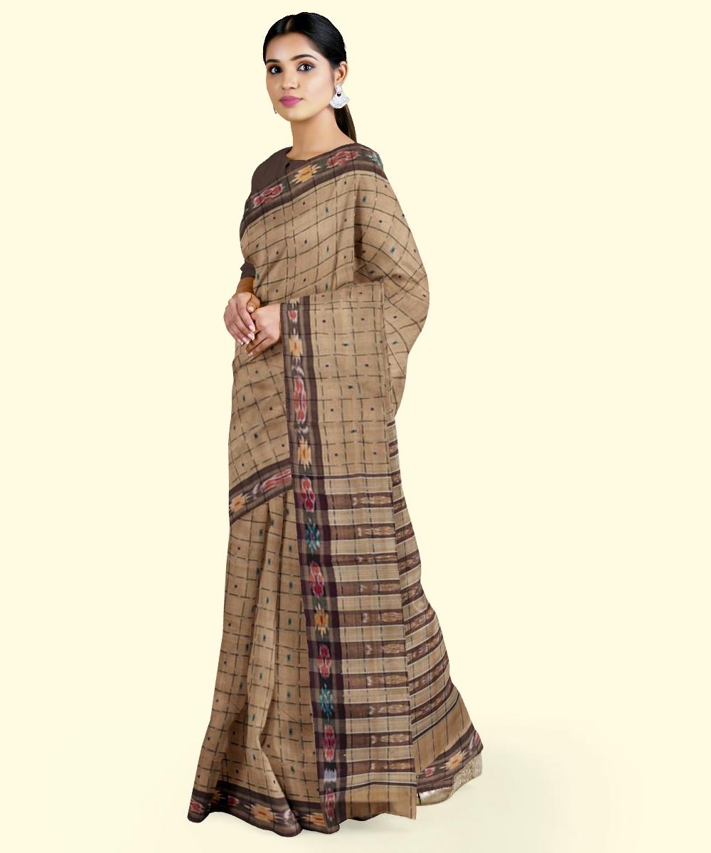Beige Sambalpuri Handwoven Single Ikat Cotton Saree Image 2