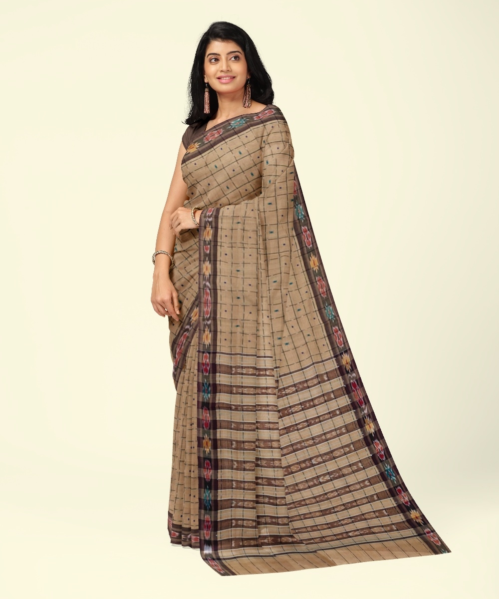 Beige Sambalpuri Handwoven Single Ikat Cotton Saree Image 1