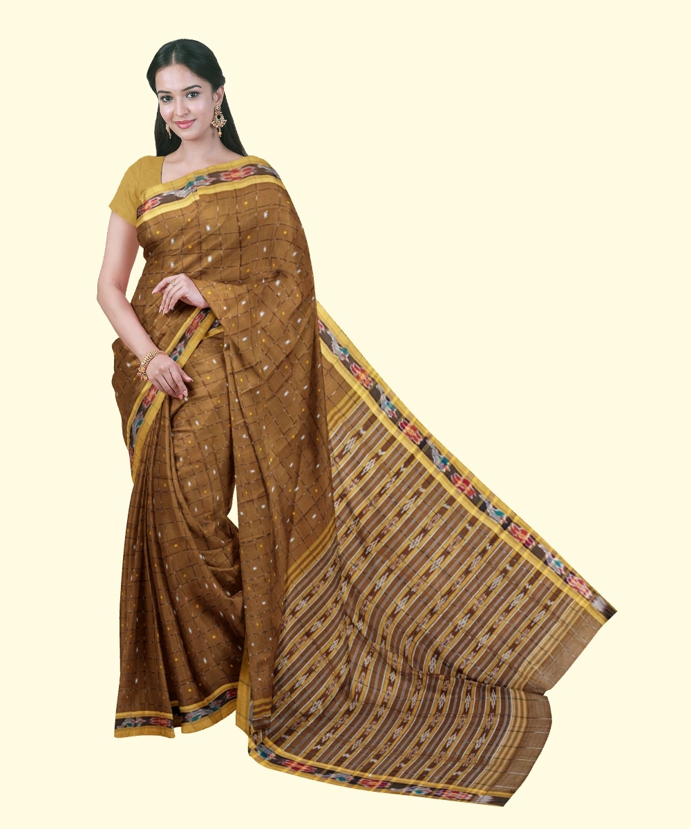 Rust Sambalpuri Handwoven Single Ikat Cotton Saree Image 1