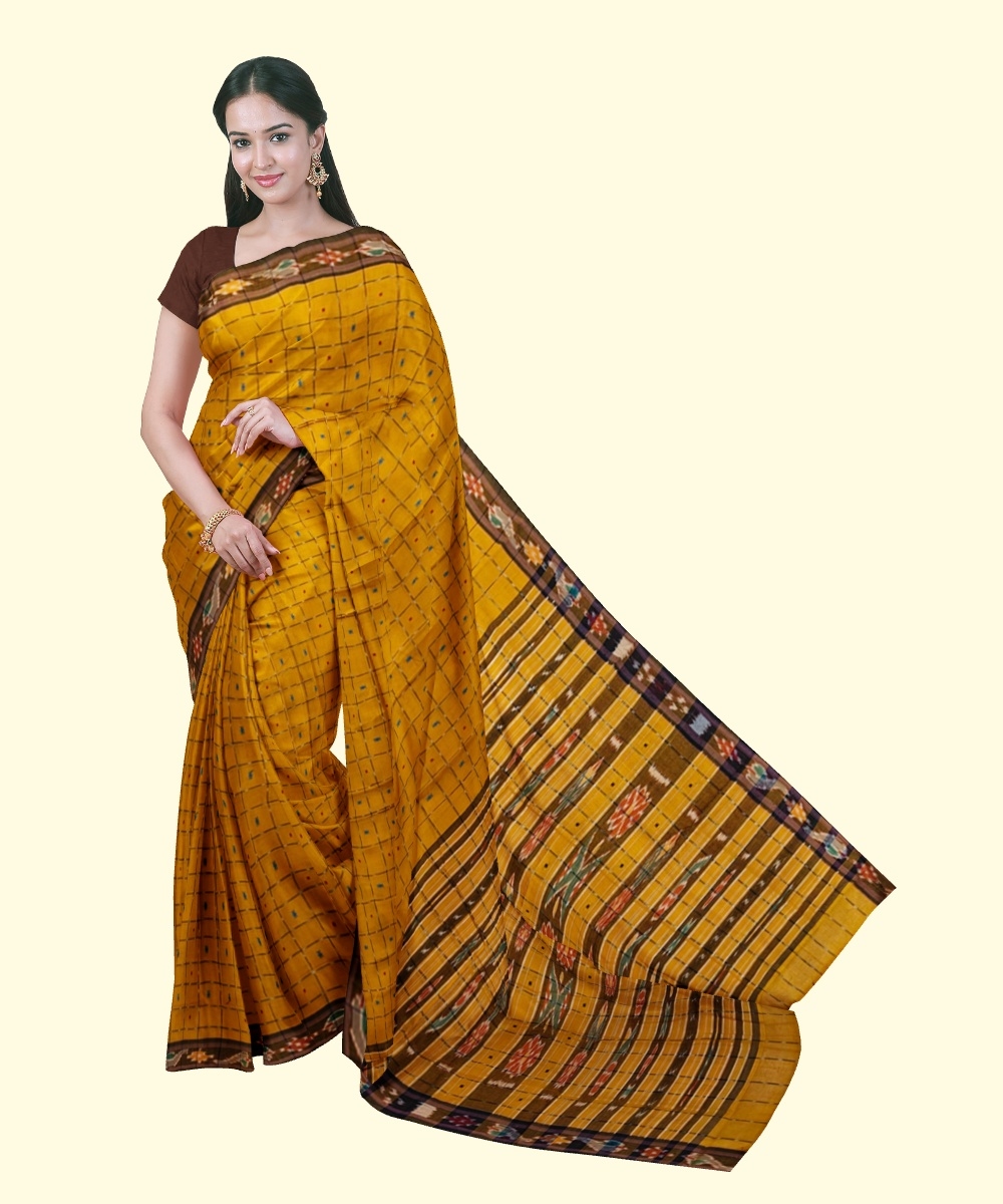 Mustard Sambalpuri Handwoven Single Ikat Cotton Saree Image 1