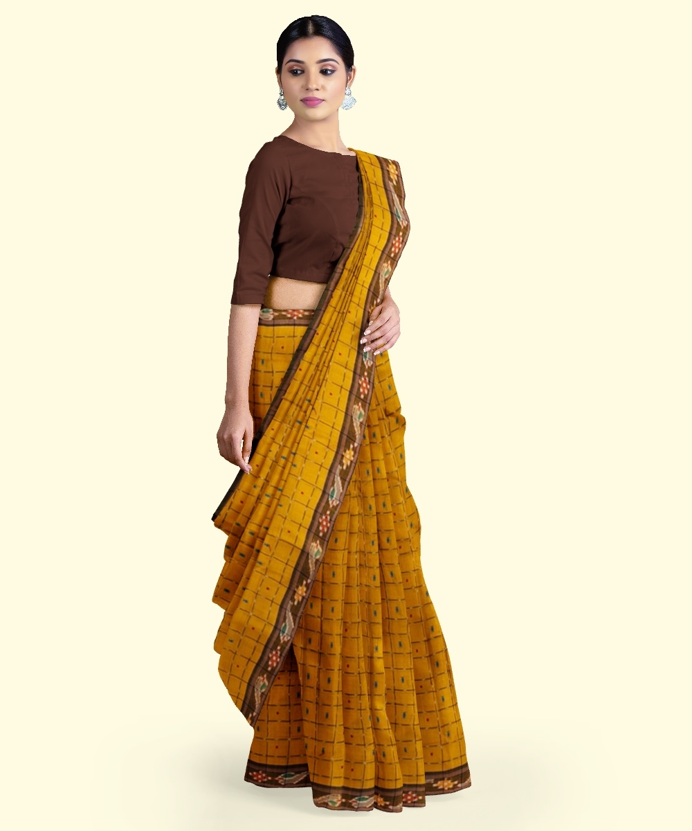 Mustard Sambalpuri Handwoven Single Ikat Cotton Saree Image 2