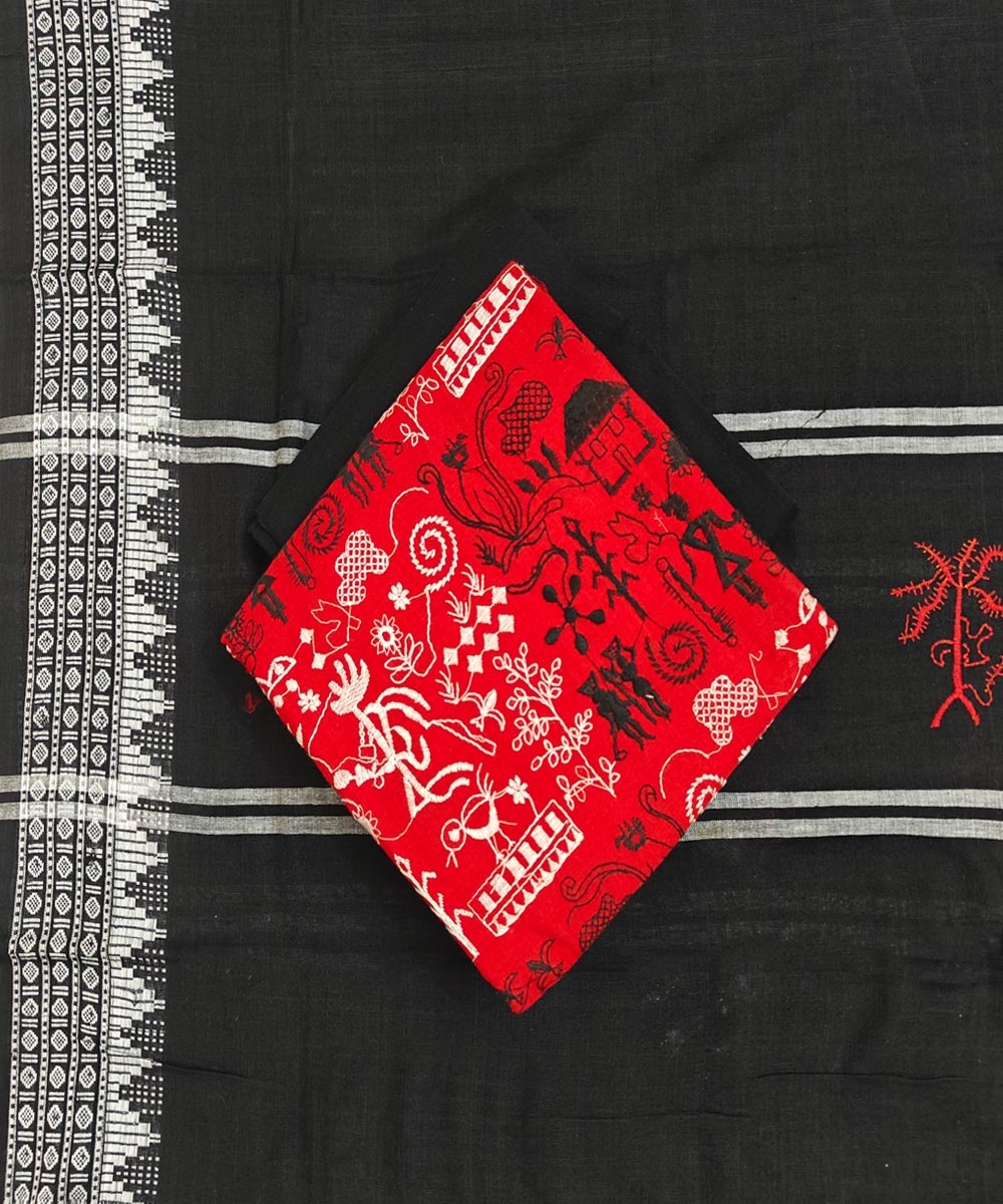 Red Black Sambalpuri Handwoven Ikat Suit Set Image 1
